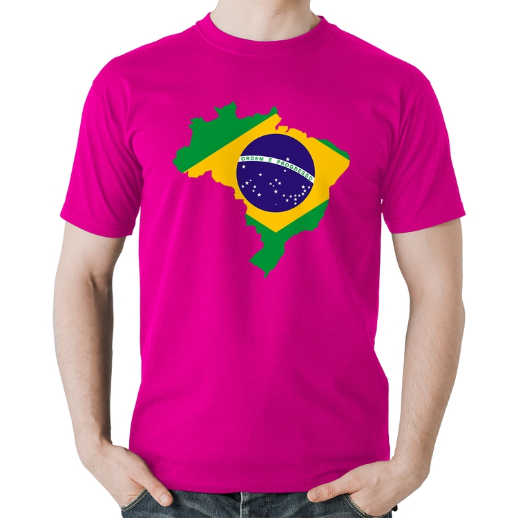 Camiseta Algodão Bandeira Brasil Mapa - Rosa