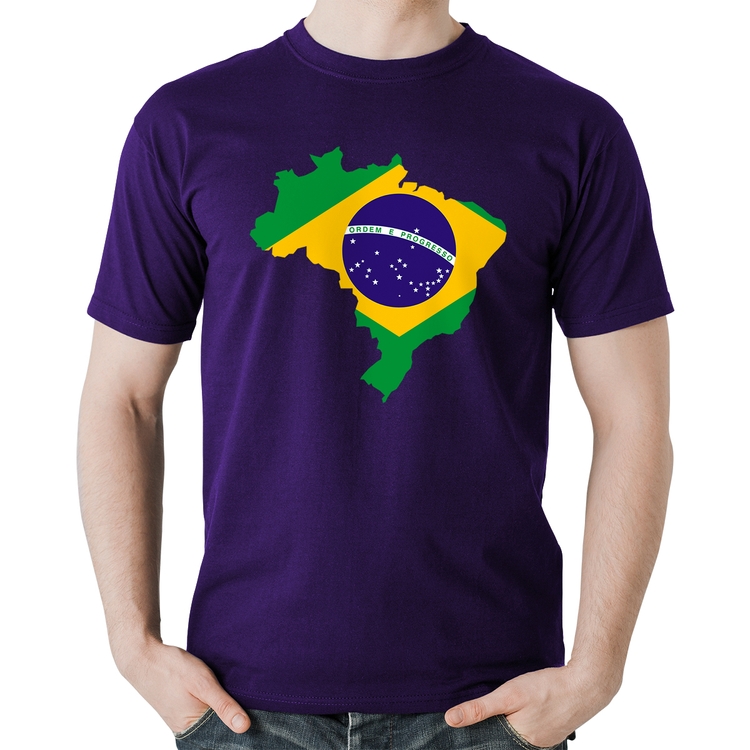 Camiseta Algodão Bandeira Brasil Mapa - Roxa