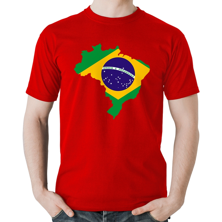 Camiseta Algodão Bandeira Brasil Mapa - Vermelha