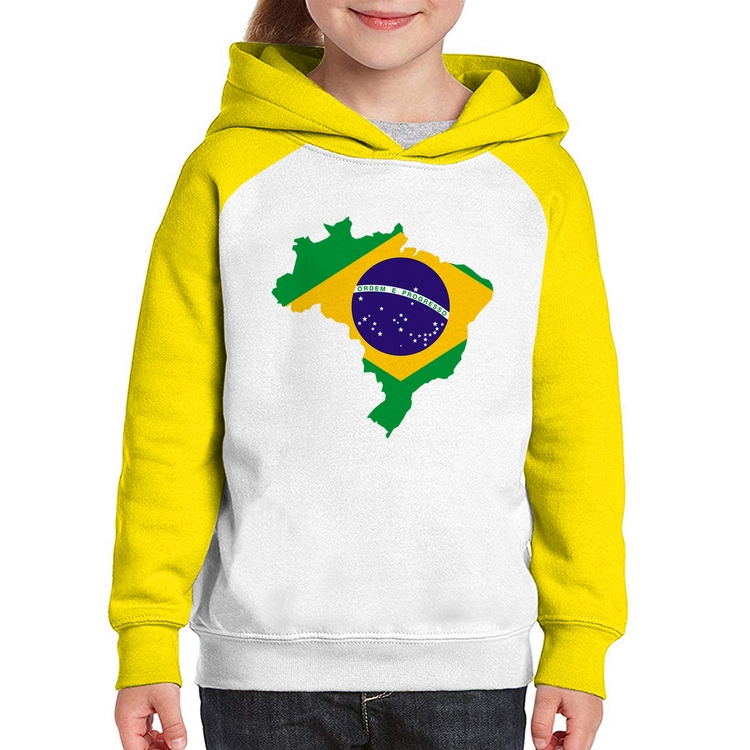 Moletom Infantil Bandeira Brasil Mapa - Branco/Amarelo