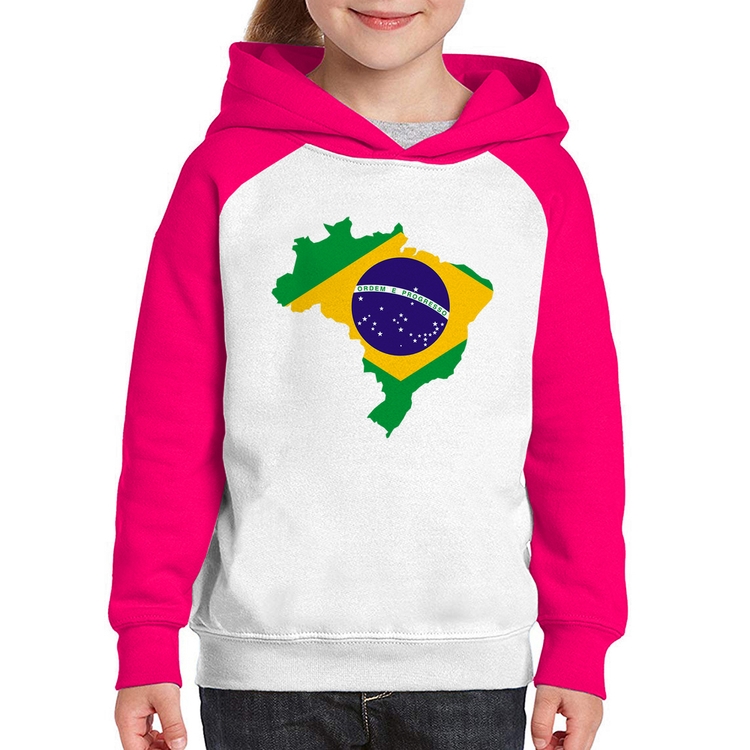 Moletom Infantil Bandeira Brasil Mapa - Branco/Rosa
