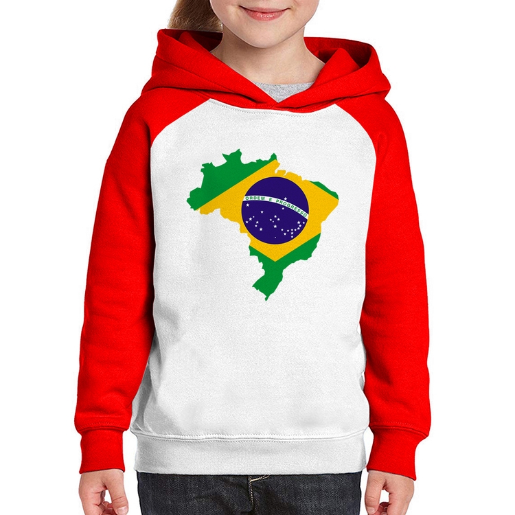 Moletom Infantil Bandeira Brasil Mapa - Branco/Vermelho