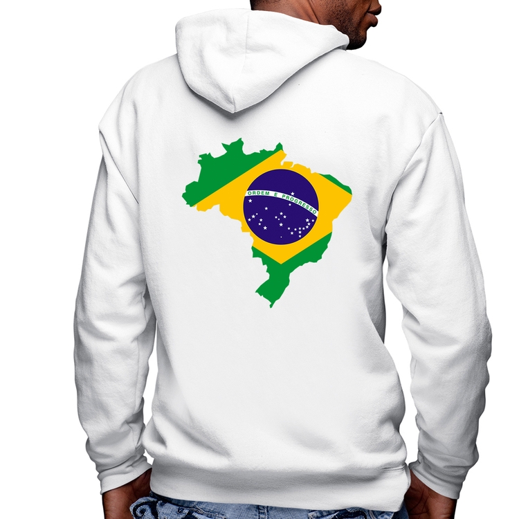 Blusa Moletom Bandeira Brasil Mapa Masculina com Capuz e Zíper - Branca