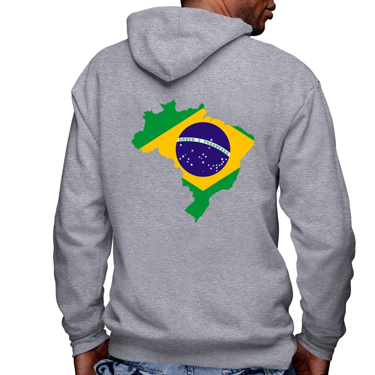 Blusa Moletom Bandeira Brasil Mapa Masculina com Capuz e Zíper - Mescla