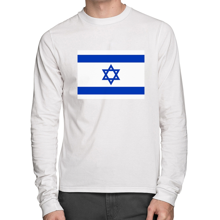 Camiseta Algodão Bandeira Israel Manga Longa - Branca