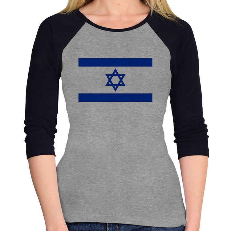 Baby Look Raglan Bandeira Israel Manga 3/4 - Cinza/Preto
