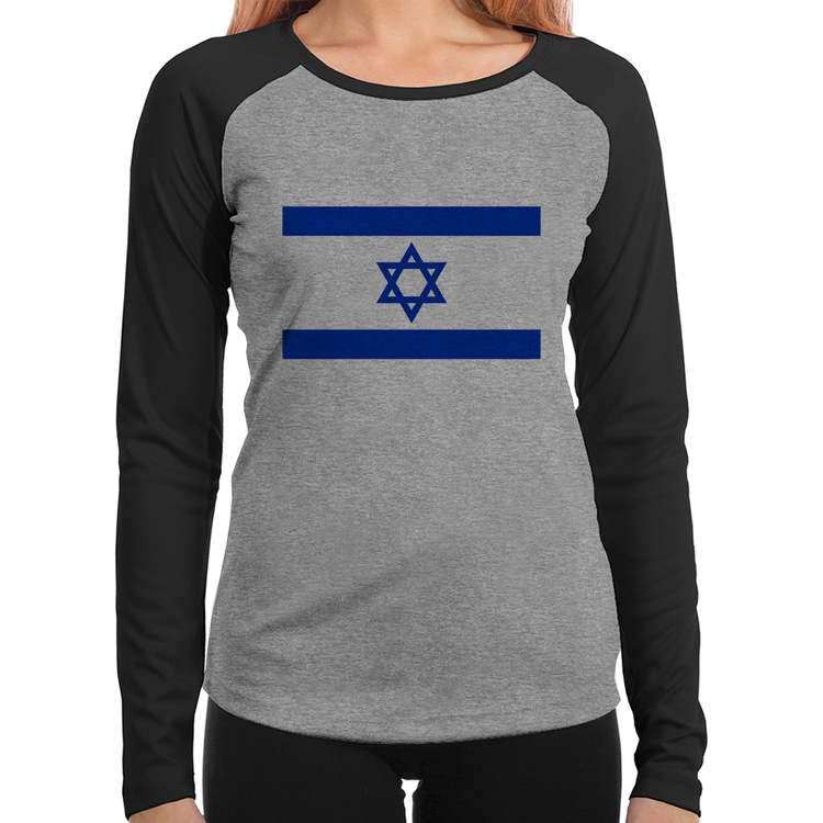 Baby Look Raglan Bandeira Israel Manga Longa - Cinza/Preto
