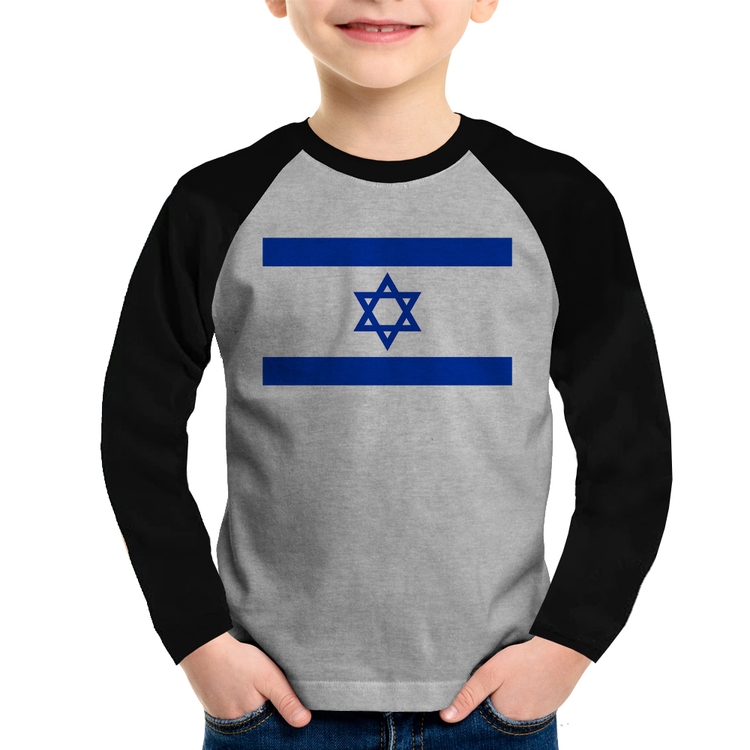 Camiseta Raglan Infantil Bandeira Israel Manga Longa - Cinza/Preto