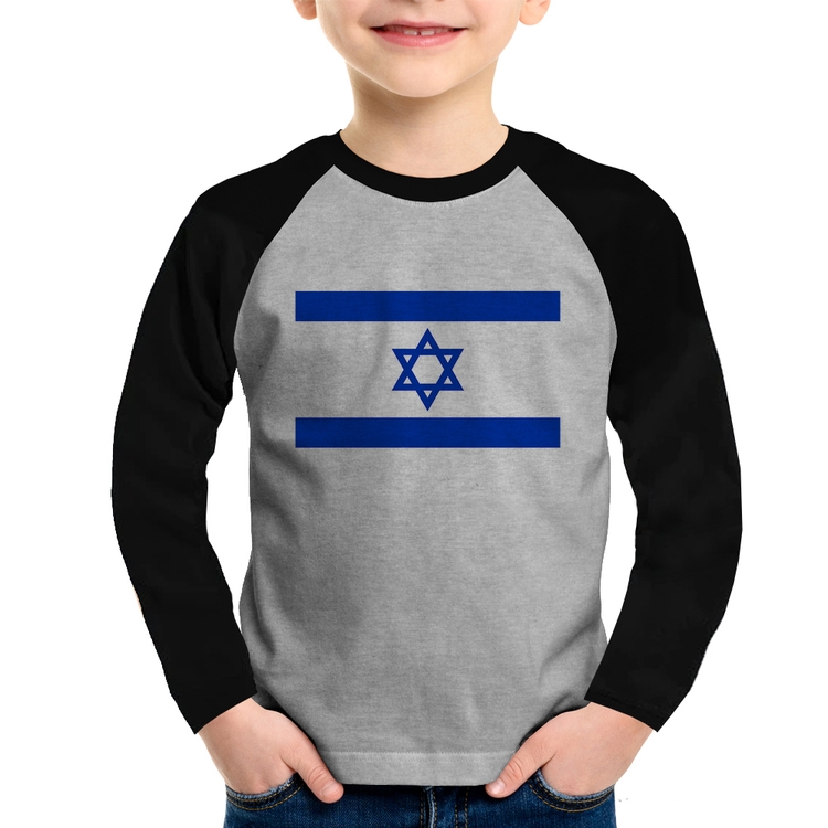 Camiseta Raglan Infantil Bandeira Israel Manga Longa - Cinza/Preto