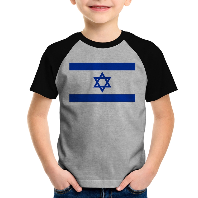 Camiseta Raglan Infantil Bandeira Israel - Cinza/Preto