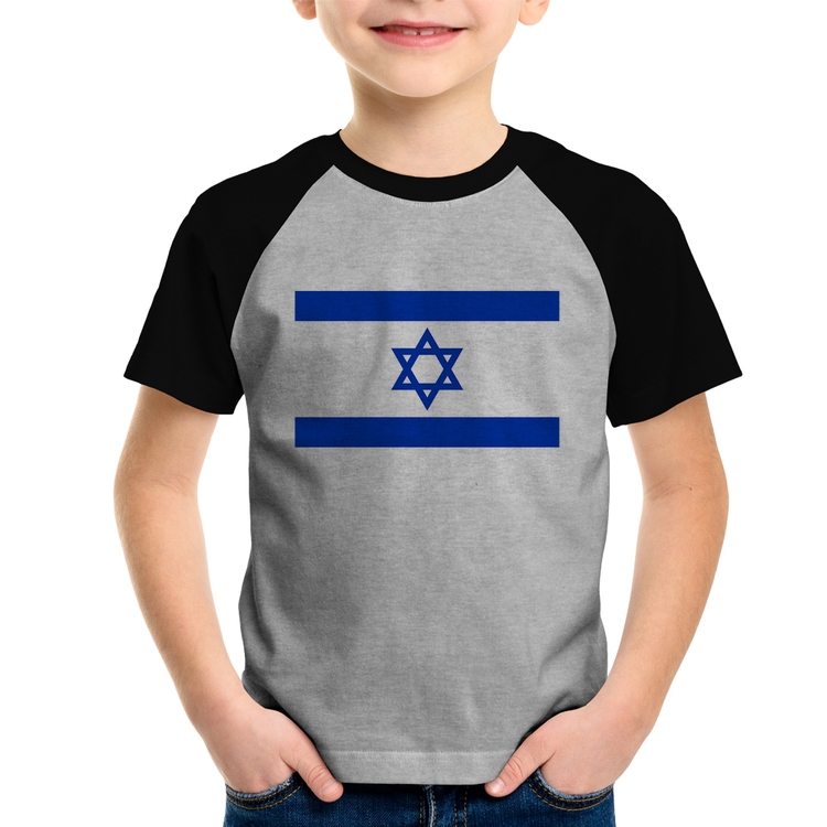 Camiseta Raglan Infantil Bandeira Israel - Cinza/Preto