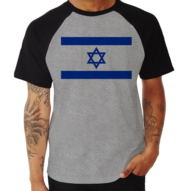 Camiseta Raglan Bandeira Israel - Cinza/Preto