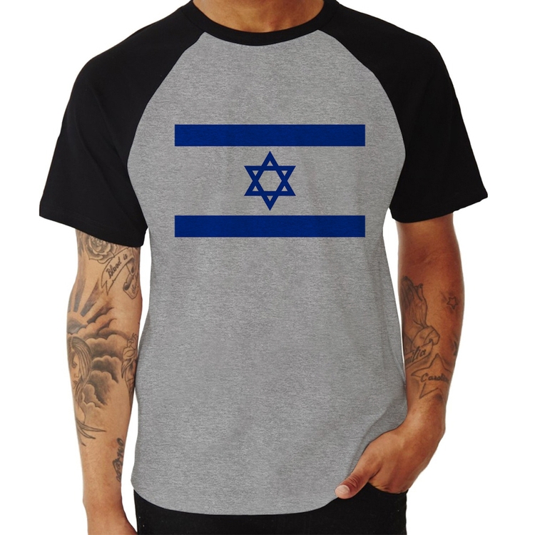 Camiseta Raglan Bandeira Israel - Cinza/Preto