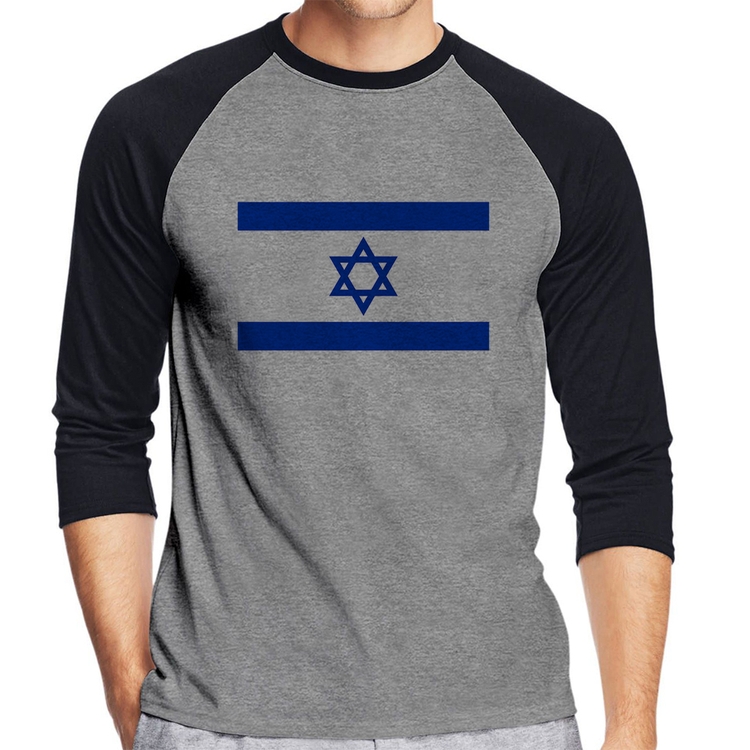 Camiseta Raglan Bandeira Israel Manga 3/4 - Cinza/Preto