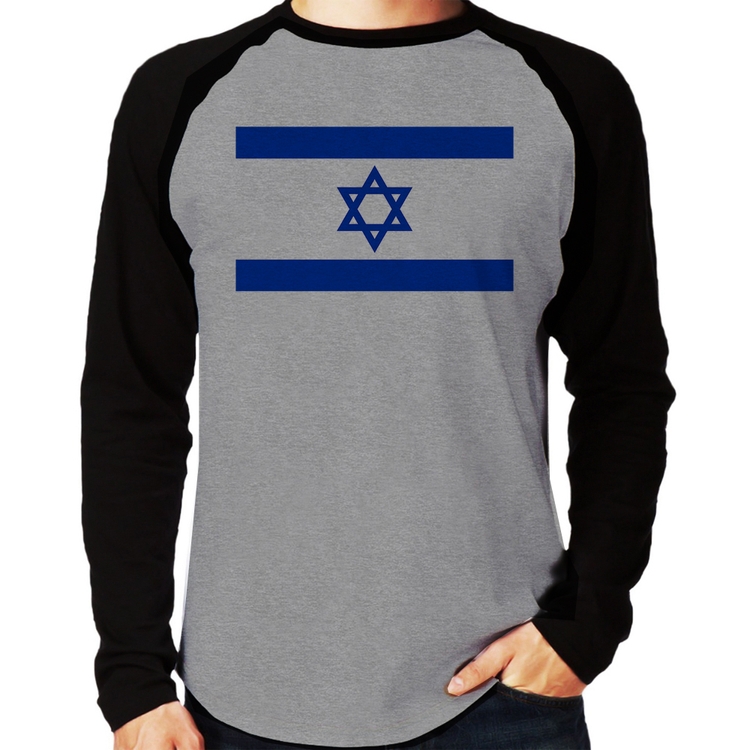 Camiseta Raglan Bandeira Israel Manga Longa - Cinza/Preto