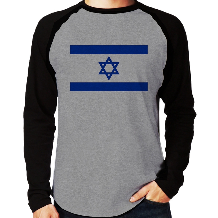 Camiseta Raglan Bandeira Israel Manga Longa - Cinza/Preto