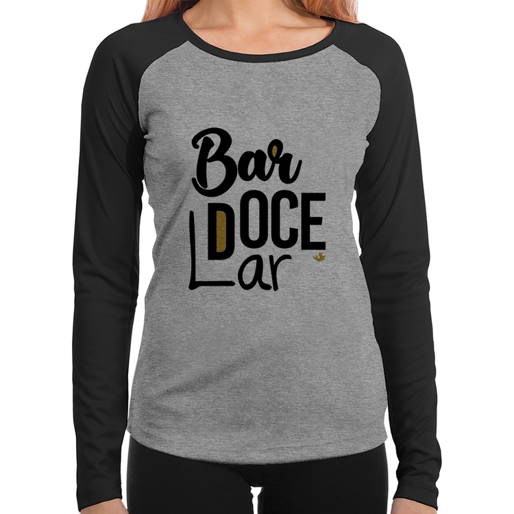 Baby Look Raglan Bar doce lar Manga Longa - Cinza/Preto