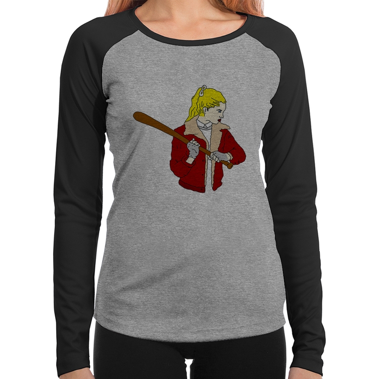 Baby Look Raglan Baseball Girl Manga Longa - Cinza/Preto