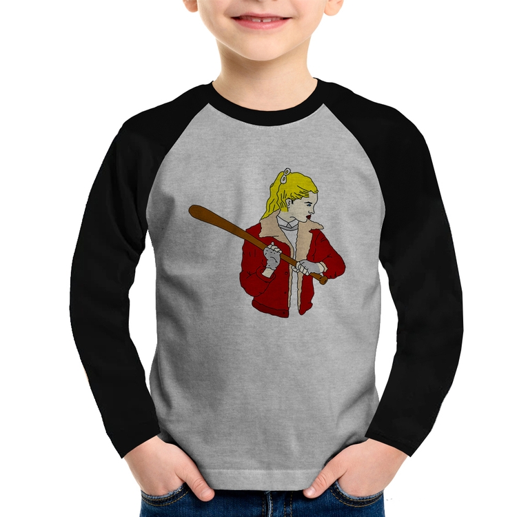 Camiseta Raglan Infantil Baseball Girl Manga Longa - Cinza/Preto