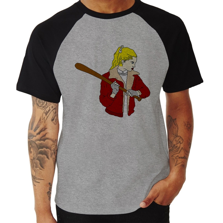 Camiseta Raglan Baseball Girl - Cinza/Preto