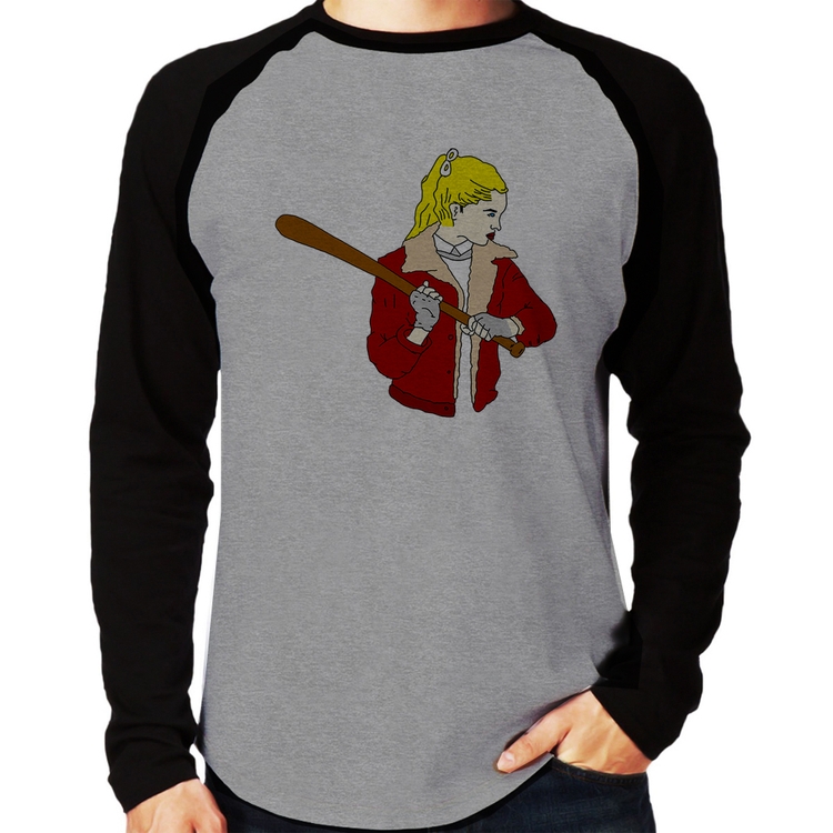 Camiseta Raglan Baseball Girl Manga Longa - Cinza/Preto