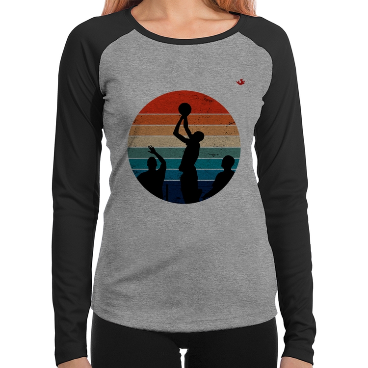 Baby Look Raglan Basquete Vintage Sunset Manga Longa - Cinza/Preto