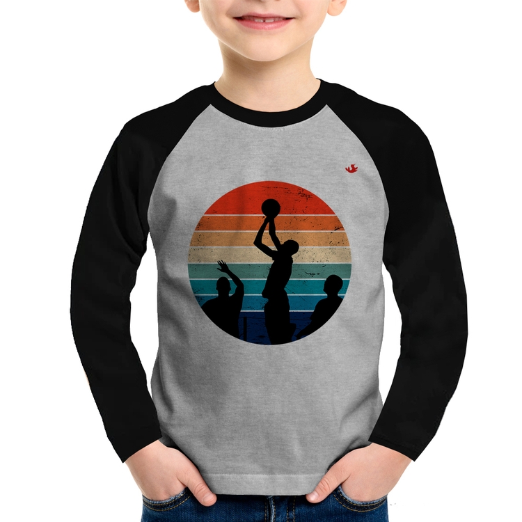 Camiseta Raglan Infantil Basquete Vintage Sunset Manga Longa - Cinza/Preto