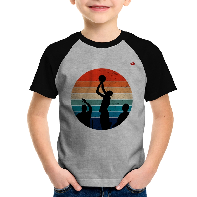 Camiseta Raglan Infantil Basquete Vintage Sunset - Cinza/Preto