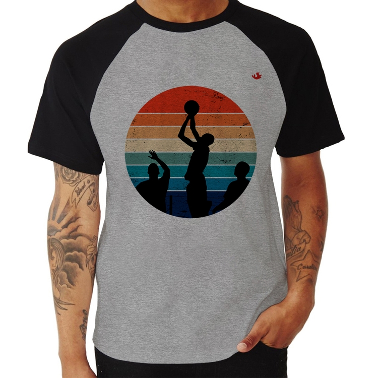 Camiseta Raglan Basquete Vintage Sunset - Cinza/Preto