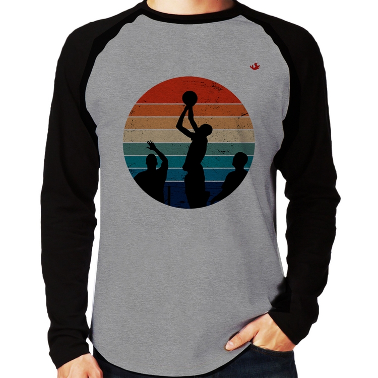 Camiseta Raglan Basquete Vintage Sunset Manga Longa - Cinza/Preto