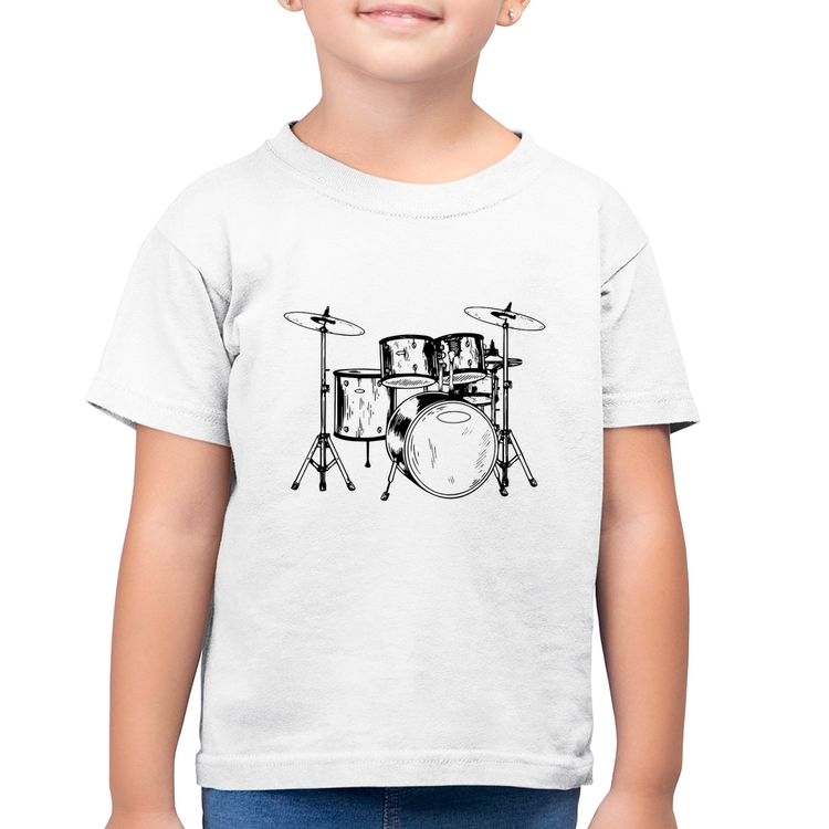 Camiseta Algodão Infantil Bateria Música - Branca