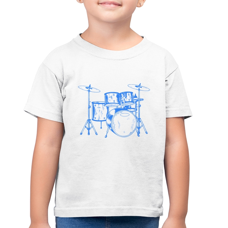 Camiseta Algodão Infantil Bateria Música (azul) - Branca