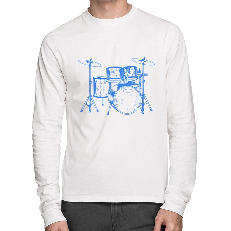 Camiseta Algodão Bateria Música (azul) Manga Longa - Branca