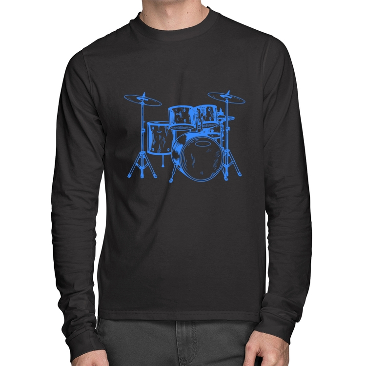 Camiseta Algodão Bateria Música (azul) Manga Longa