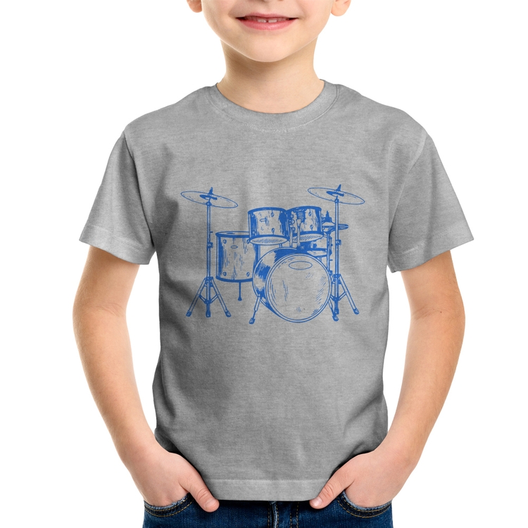 Camiseta Infantil Bateria Música (azul) - Cinza