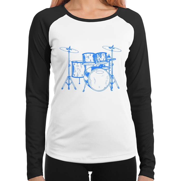 Baby Look Raglan Bateria Música (azul) Manga Longa