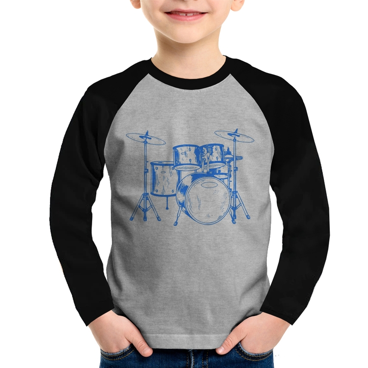 Camiseta Raglan Infantil Bateria Música (azul) Manga Longa - Cinza/Preto