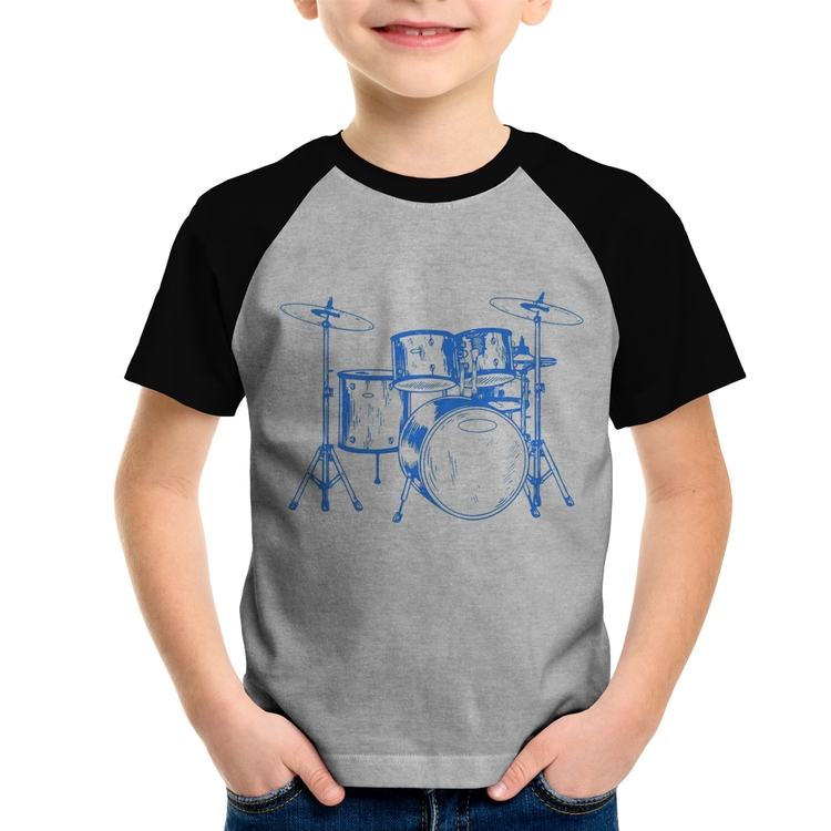 Camiseta Raglan Infantil Bateria Música (azul) - Cinza/Preto