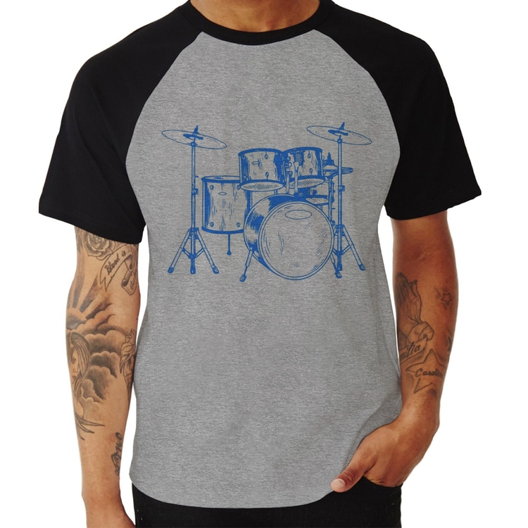 Camiseta Raglan Bateria Música (azul) - Cinza/Preto