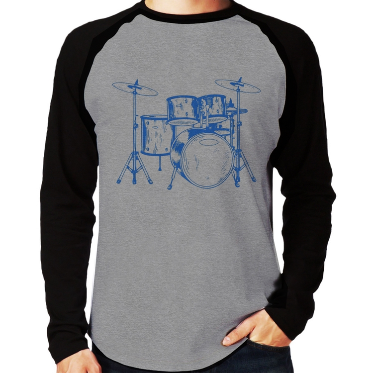 Camiseta Raglan Bateria Música (azul) Manga Longa - Cinza/Preto