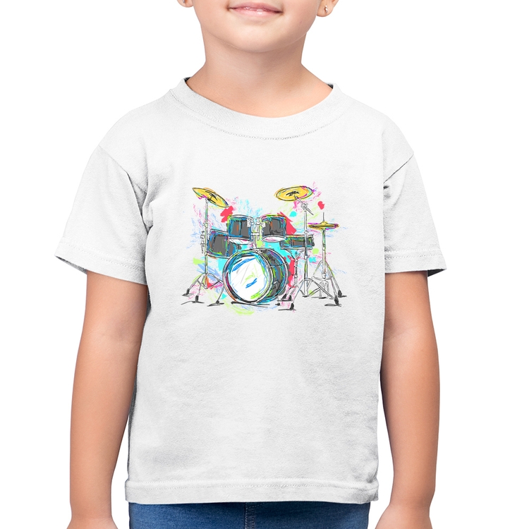 Camiseta Algodão Infantil Bateria Arte - Branca