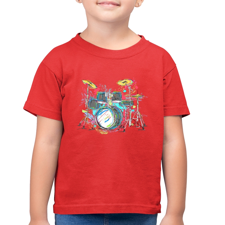 Camiseta Algodão Infantil Bateria Arte - Vermelha
