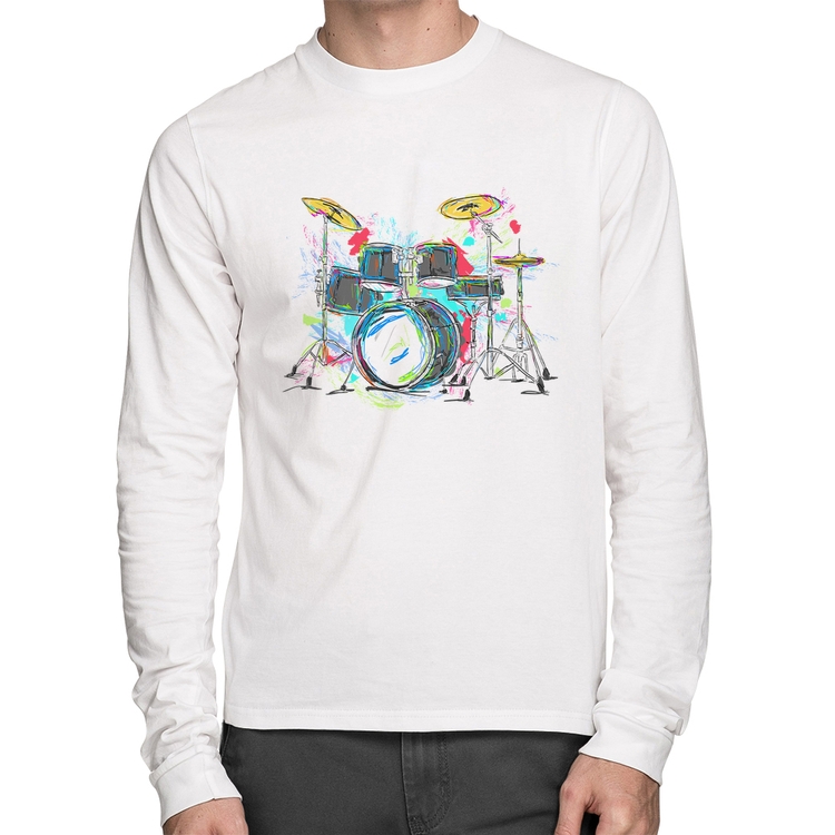Camiseta Algodão Bateria Arte Manga Longa - Branca