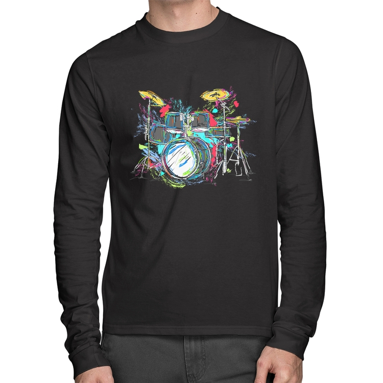 Camiseta Algodão Bateria Arte Manga Longa