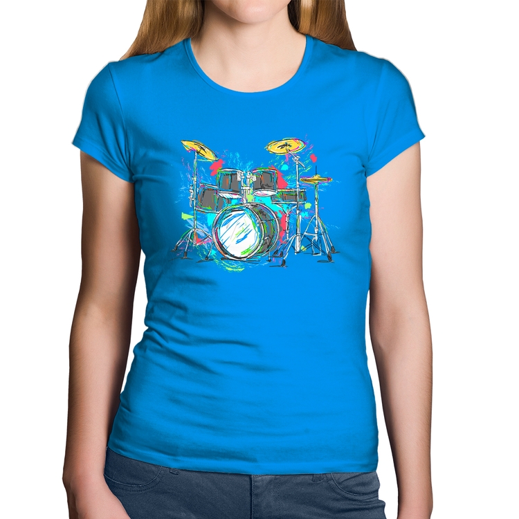 Baby Look Algodão Bateria Arte - Azul