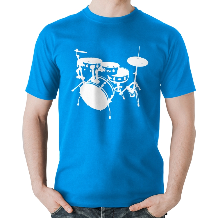 Camiseta Algodão Bateria Música Baterista - Azul