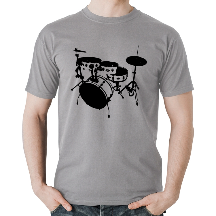 Camiseta Algodão Bateria Música Baterista - Cinza