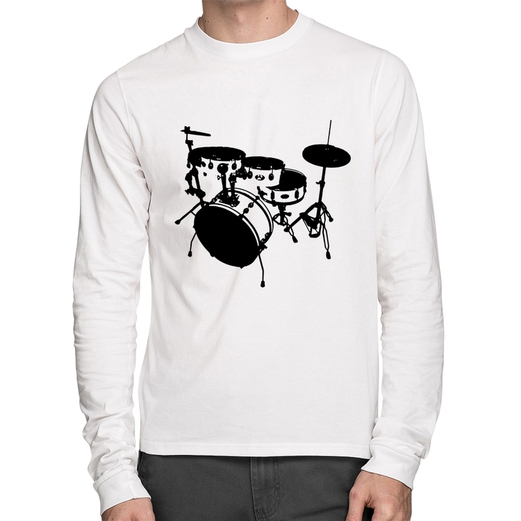 Camiseta Algodão Bateria Música Baterista Manga Longa - Branca