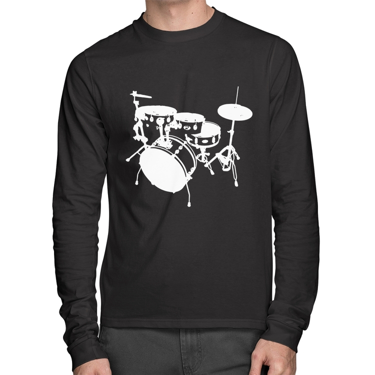 Camiseta Algodão Bateria Música Baterista Manga Longa