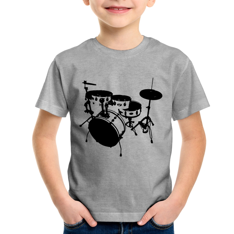 Camiseta Infantil Bateria Música Baterista - Cinza